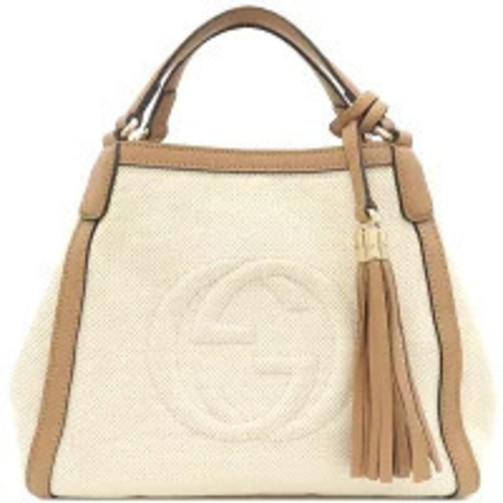 Gucci Soho Bag Interlocking GG Leather Canvas Pink Beige Fringe Charm